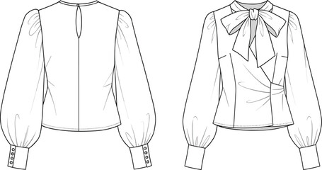 Women puff sleeve blouse, bow tie front top, fashion flat sketch, technical garment vector, CAD drawing, blouse design illustration, apparel template for designers