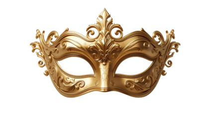 Gold Masquerade Mask Illustration – Intricate Swirling Patterns with Decorative Crest Isolated PNG