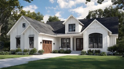 modern farmhouse-style home exterior features white vinyl siding, showcasing a large arched front door and multiple windows with black trim. The house has an open floor plan .
