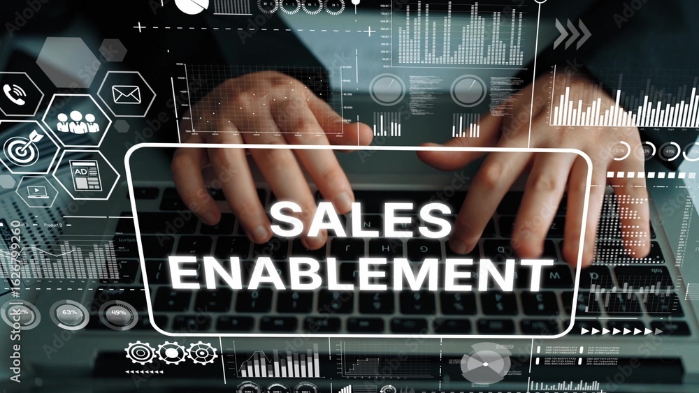 Poster hands on keyboard with digital sales enablement concept and data analytics visual overlays. asymptot