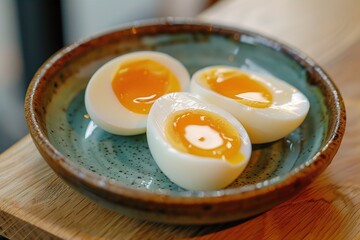 Three soft-boiled eggs with golden yolks served in a rustic ceramic bowl.