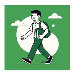 Male Student Walking with Books - Flat Minimalist Vector on Green Background