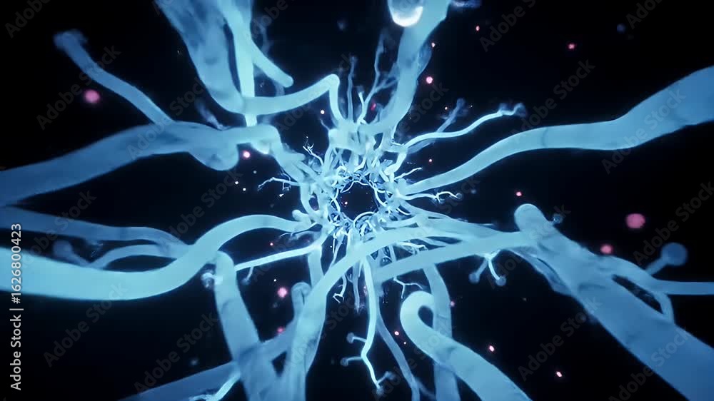 Poster journey through glowing neural pathways, visualizing digital data flow and scientific discovery.