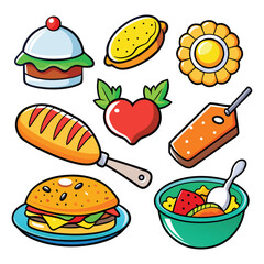 A colorful cartoon vector icon set of fast food meals, including a hamburger, pizza, sandwich, and hot dog