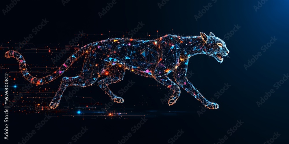 Poster a stylized low poly cheetah running across a dark digital background with glowing lines and particle