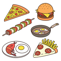 Fast food icons vector illustration set of pizza, hamburger, and sandwich with cheese, meat, and vegetables