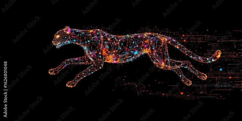 Poster abstract digital cheetah silhouette in motion with glowing lines and particles on black background