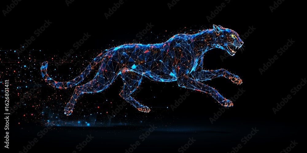Poster digital abstract panther running with glowing particles on black background
