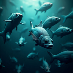 Fototapeta premium School of blue fish swimming in dark blue ocean water with light rays filtering from above graphic design
