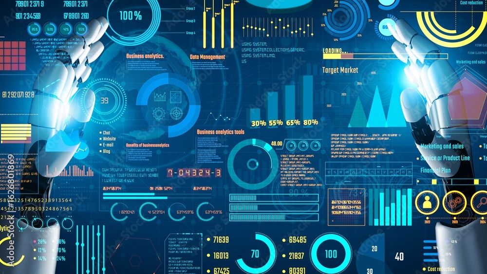 Poster AI artificial intelligence drives data analytics with predictive models, smart dashboards, and virtual assistant insights for data-driven business decisions.