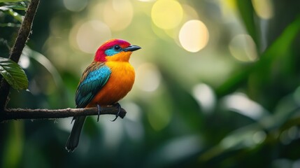Obraz premium Vibrant bird perched on a branch in a lush forest.