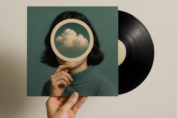 hand holds a vinyl record album cover. The cover art is a surreal portrait of a woman with a cloud over her face. A black vinyl record is also visible. The concept is music, creative art, and abstract