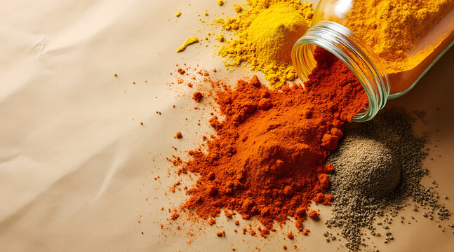 Spice jar spill with turmeric, paprika, and cumin cascading in powdery oranges and reds on parchment texture, culinary ingredients and flavor, with copy space