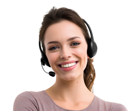 A woman, a call center worker wearing a headset, smiles against a transparent background.