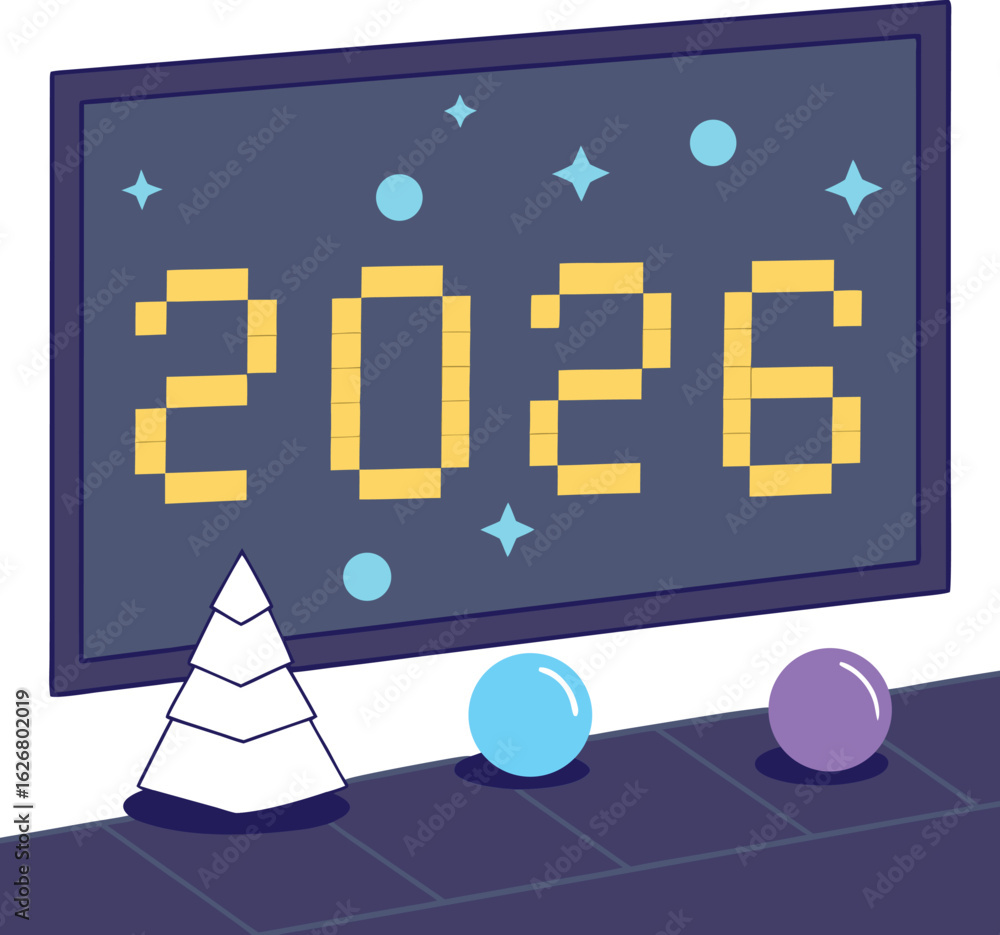 Poster illustration of the year 2026 displayed on a digital screen with decorative objects