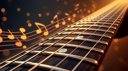 Close-up of vibrating guitar strings in warm browns and golds with abstract musical notes fading into the background, musical passion and creativity, with copy space