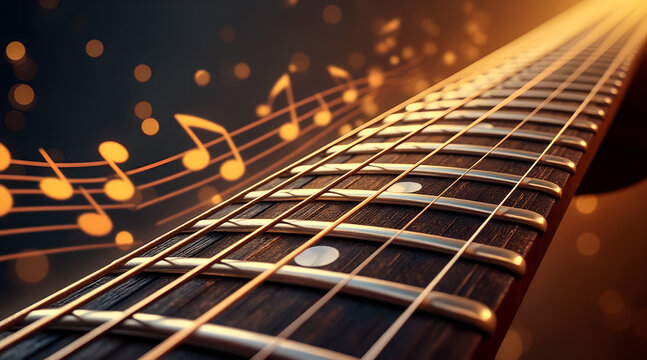 Close-up of vibrating guitar strings in warm browns and golds with abstract musical notes fading into the background, musical passion and creativity, with copy space
