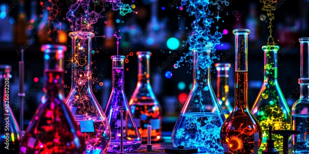 Poster illuminated scientific flasks containing colorful glowing liquids and molecular structures laborator