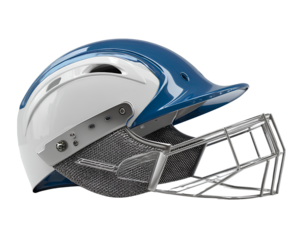 A cricket helmet in white and blue colors with a metal mesh design