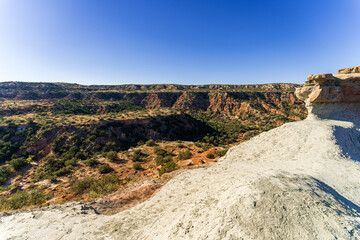 Stunning View of Palo Duro Canyon in Texas with Red Rock Formations Under a Clear Blue Sky