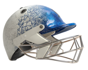 A cricket helmet in white and blue colors with a metal mesh design, on a transparent