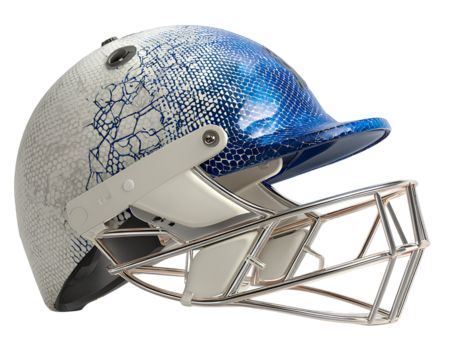 A cricket helmet in white and blue colors with a metal mesh design, on a transparent