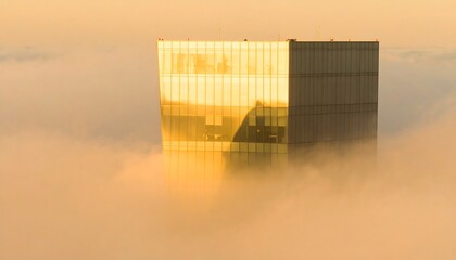 Modern skyscraper rising above a golden mist