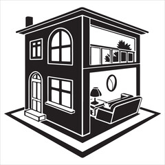 A cartoon vector illustration of a city building  with windows, a door, and a store sign