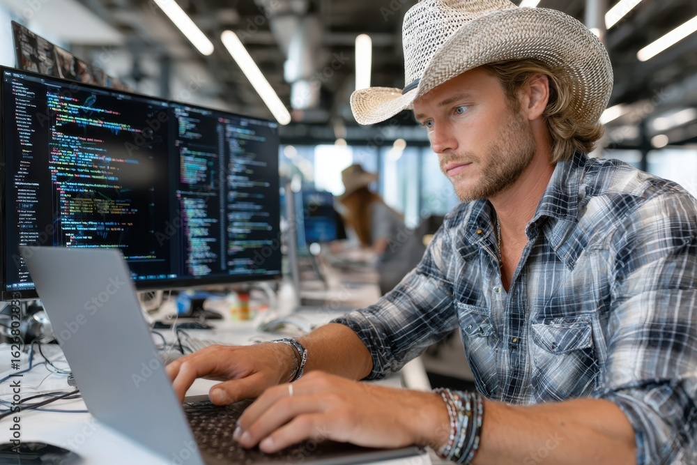Poster cowboy working on computer in modern office space with coding activity taking place