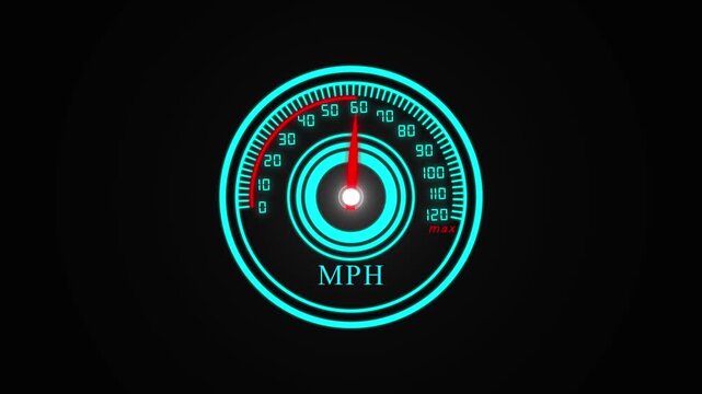 A colorful speed meter animation on black background. Cyan color Racing speed counter. Engine power concept template. 