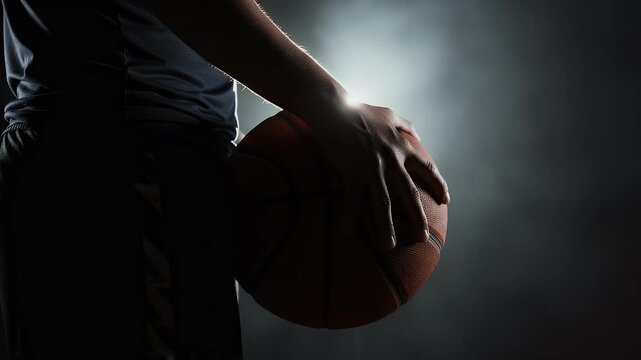 man hand holding basketball in the darkness with light spot