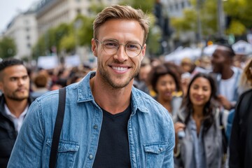 Obraz premium Man smiles confidently while participating in a public demonstration in a busy city street