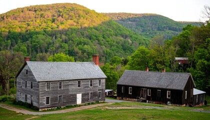 Obraz premium Two old wooden buildings in a valley