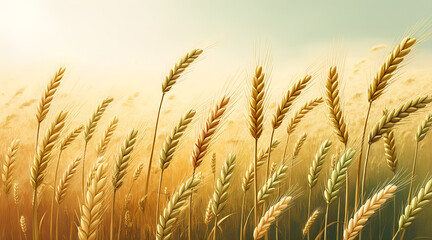 Fototapeta premium Abstract grain field with wheat stalks and quinoa stems bending in unison against golden ochre and pale green strokes with copy space