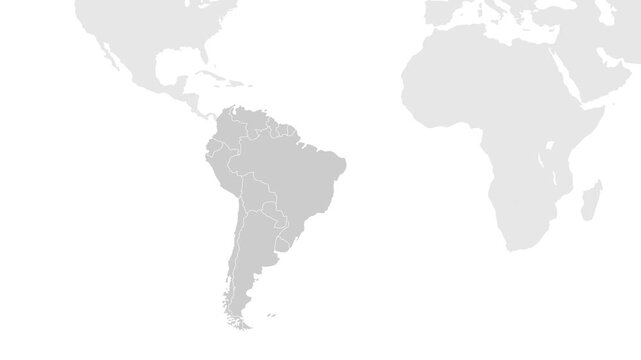 South America Map. World map animation connecting all continents into a single world map with zoom in map of South America with country borders in the background with alpha channel.
