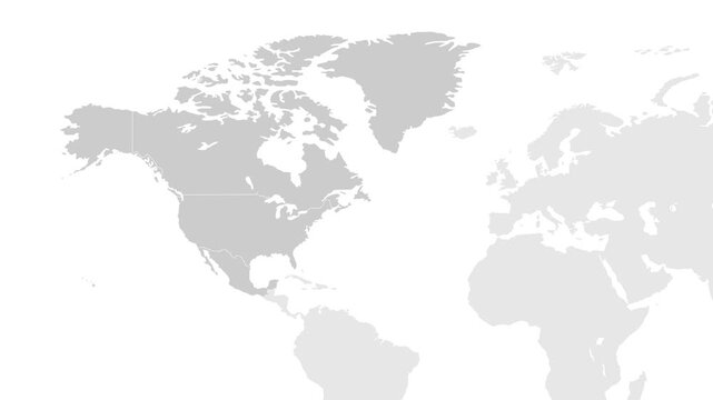 North America Map. World map animation connecting all continents into a single world map with zoom in map of North America with country borders in the background with alpha channel.