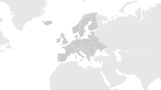 Europe Map. World map animation connecting all continents into a single world map with zoom in map of Europe with country borders in the background with alpha channel. Motion design.