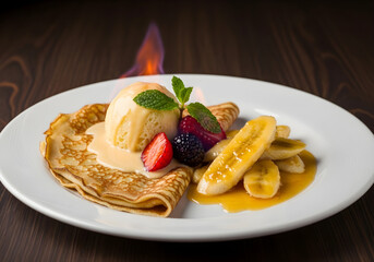 Indulge in a flambéed crepe sensation topped with vanilla ice cream, fresh berries, and caramelized bananas – a decadent dessert for food lovers and culinary adventures