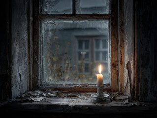 Abandoned house with flickering candle in window
