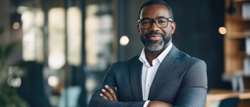 Smiling african american businessman CEO standing proud with arms crossed outside office workplace, colorful, reflective glass building, copy space