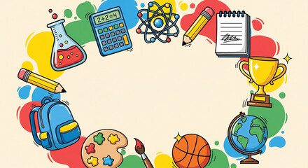 Colorful educational themed border, against a light beige background.