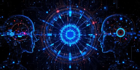 Obraz premium Digital human heads in profile facing a glowing blue technological brain circuit