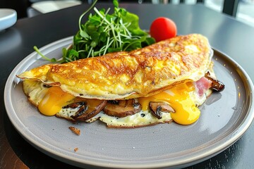 A delicious omelet filled with mushrooms and cheese, garnished with fresh greens and a cherry tomato.