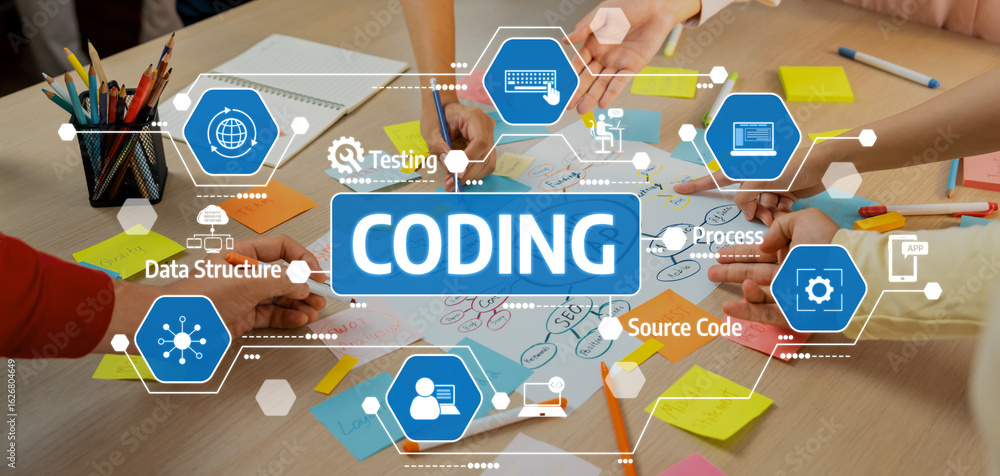 Aufkleber a vibrant collaborative coding session showcasing diverse team engagement in software development wi