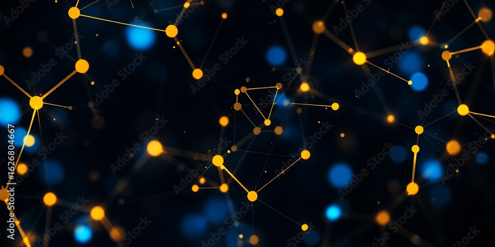 Poster abstract interconnected golden nodes and blue bokeh lights on a dark background