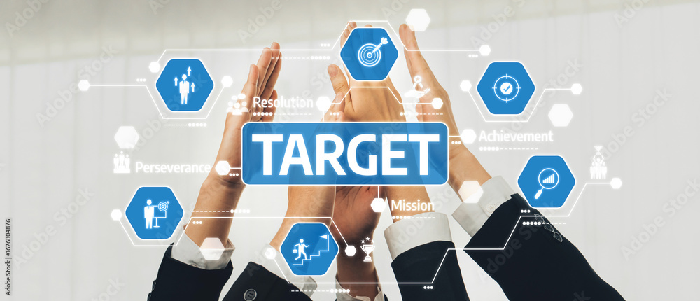 Poster dynamic visual of hands coming together to symbolize teamwork and achievement, with icons highlighti
