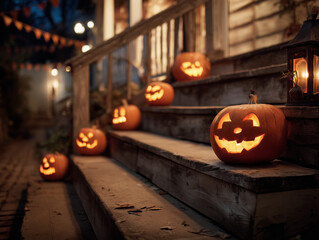 Jack-o'-lanterns lining wooden stairs in the evening