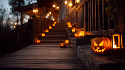 Jack-o'-lanterns lining wooden stairs in the evening