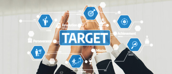 Dynamic visual of hands coming together to symbolize teamwork and achievement, with icons highlighting business goals and target-oriented strategies for success. Amity