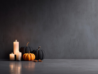 Minimalist Halloween interior with pumpkins and candles